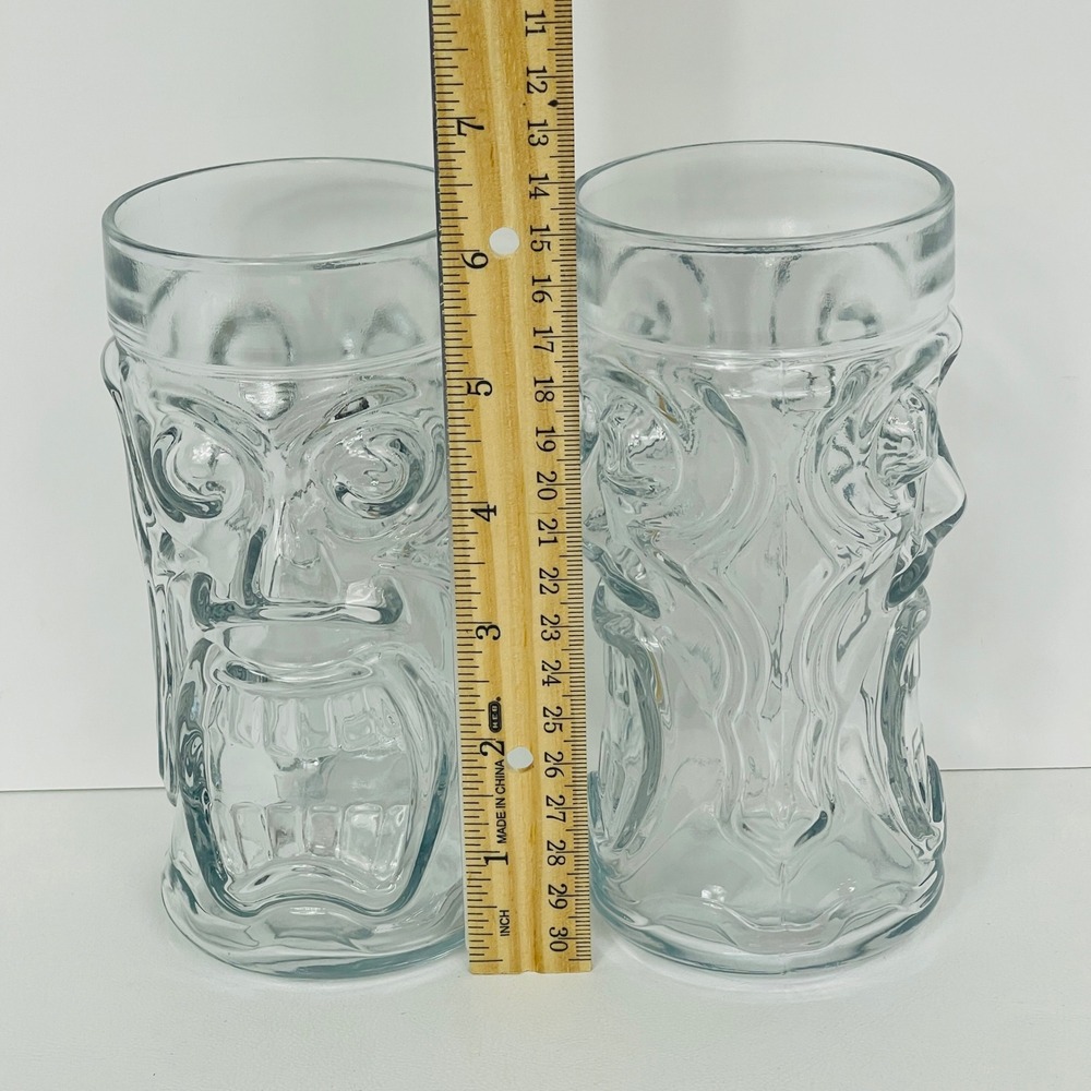 Anchor Hocking Tiki Mug Set of 2 Clear Glass Molded Face 16oz Tropical Excellent - Picture 5 of 10